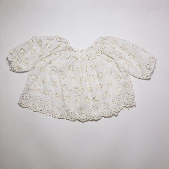 Madewell Embroidered Shirred Puff-Sleeve Top Women's XS Ivory Floral Eyelet - Picture 6 of 16